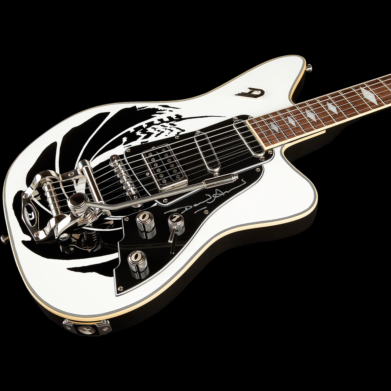 Showing off the side profile of the Duesenberg Alliance Series James Bond 007 Alliance Electric Guitar. On the three knobs, 1 volume 1 tone and 1 rotary swing, the 007 number is displayed
