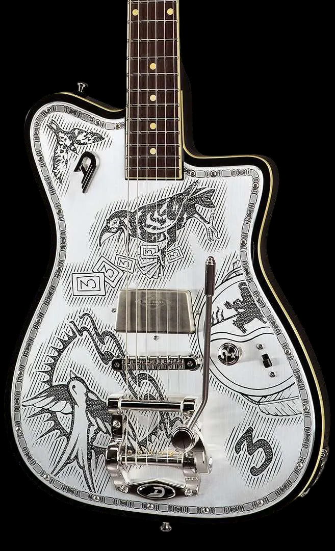 Closeup of the Duesenberg Alliance Series Johnny Depp Electric Guitar showing off the etched metal top