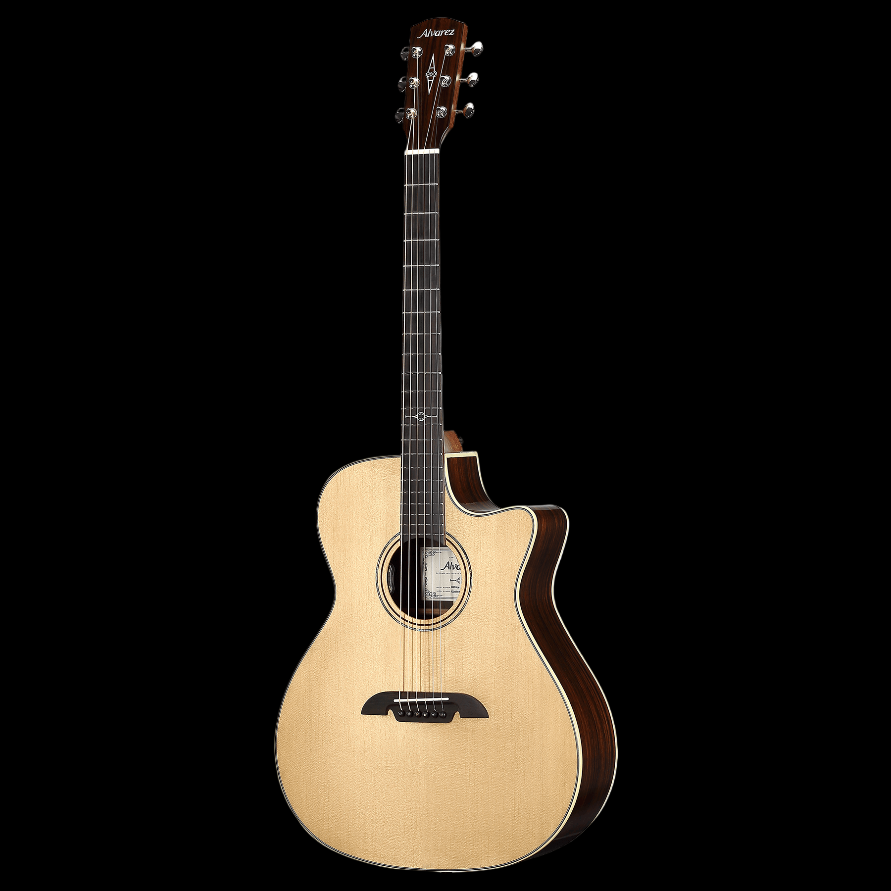 Acoustic guitar with a cutaway design on a white background