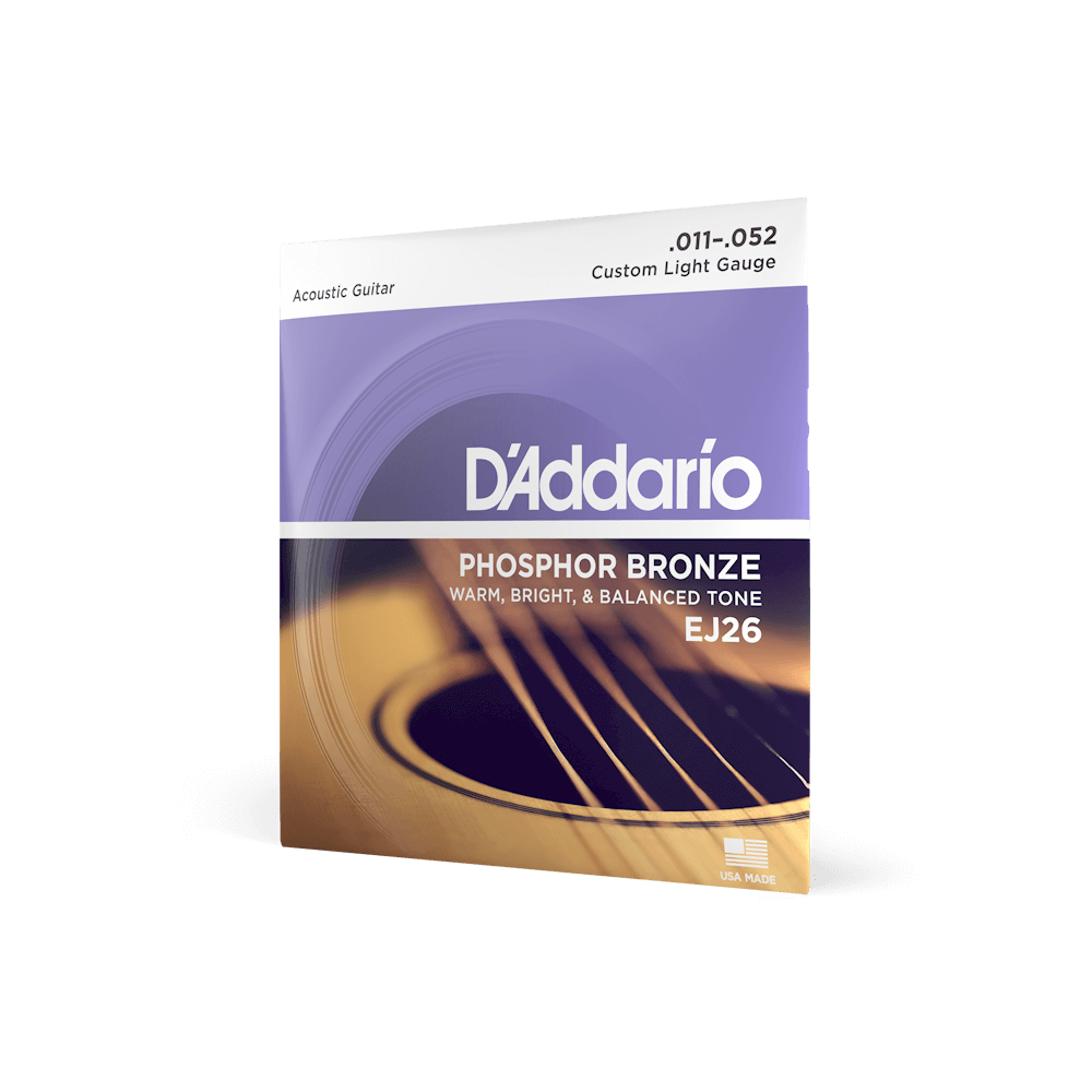 EJ26 is a custom light Phosphor Bronze set that features lighter top and bottom strings for ease of playability and balance. Since D'Addario introduced Phosphor Bronze guitar strings in 1974, they have been synonymous with warm and well-balanced acoustic tone.