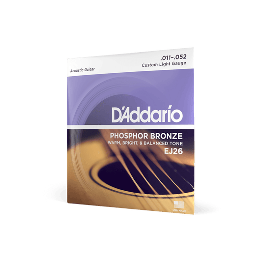 EJ26 is a custom light Phosphor Bronze set that features lighter top and bottom strings for ease of playability and balance. Since D'Addario introduced Phosphor Bronze guitar strings in 1974, they have been synonymous with warm and well-balanced acoustic tone.